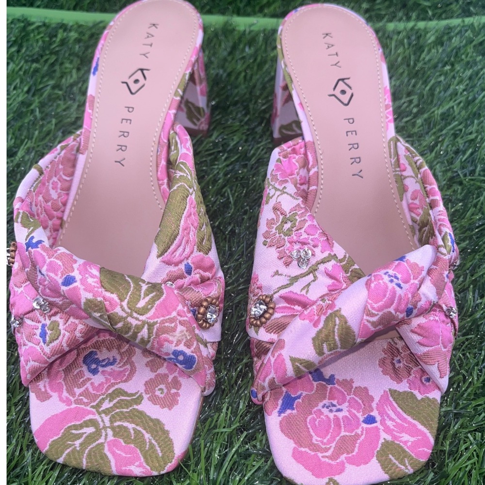 Katy Perry Pink Floral Square Toe Heeled Mules Women's Size 7M Brunch Wedding - Picture 4 of 13